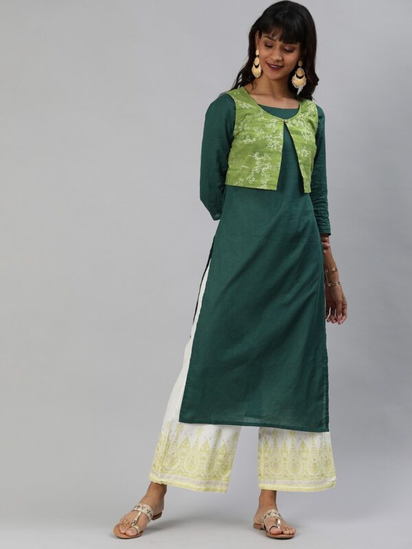 Anouk Women Green Solid Straight Kurta with Printed Ethnic Jacket