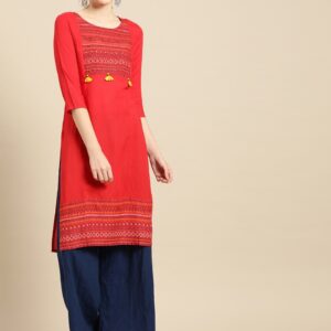 IMARA Women Red Yoke Design Straight Kurta