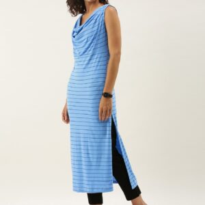 Anouk Women Blue Striped Shawl Neck Knitted Kurta