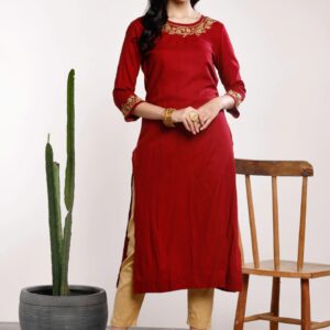 Sangria Women Maroon Embroidered Straight Kurta