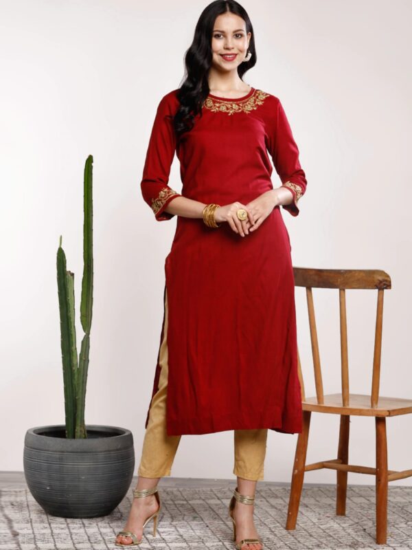 Sangria Women Maroon Embroidered Straight Kurta