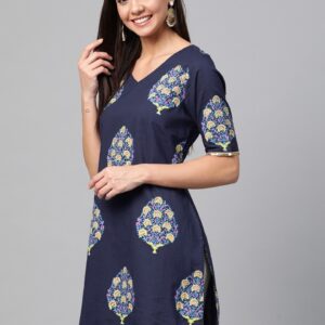 HERE&NOW Women Navy Blue & Yellow Printed Straight Kurta