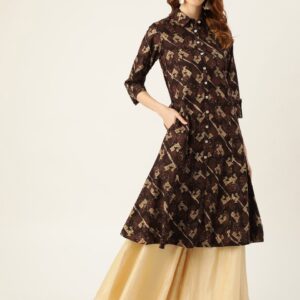 Sangria Women Brown & Golden Printed A-Line Kurta