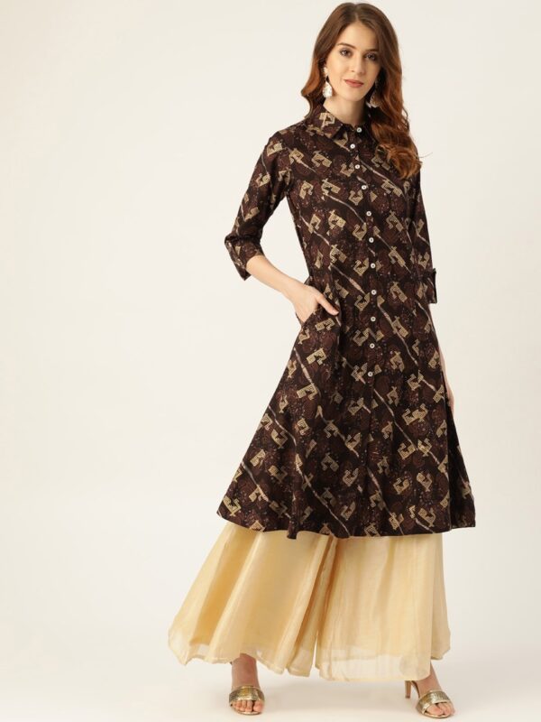 Sangria Women Brown & Golden Printed A-Line Kurta