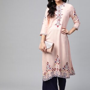 HERE&NOW Women Pink Yoke Design Straight Kurta