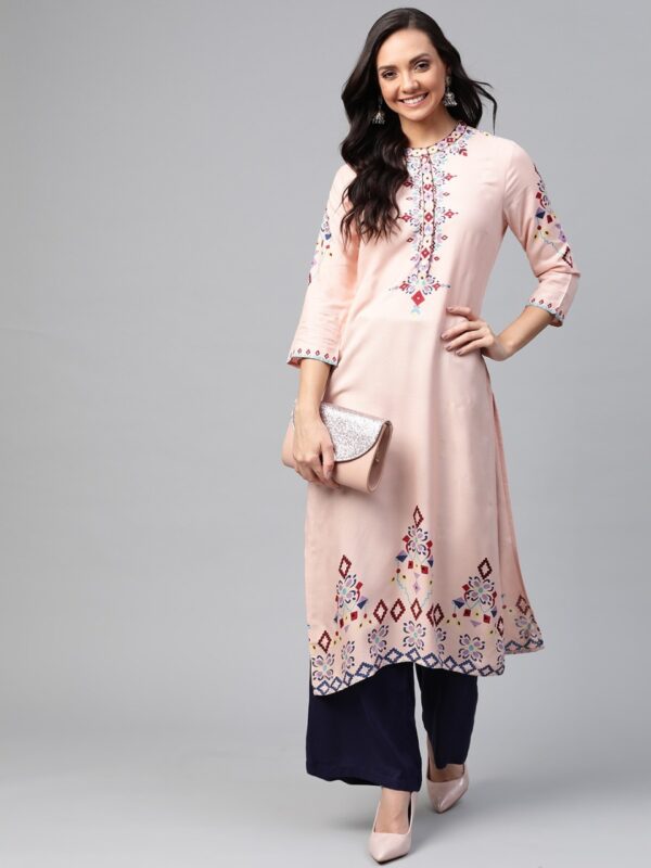 HERE&NOW Women Pink Yoke Design Straight Kurta