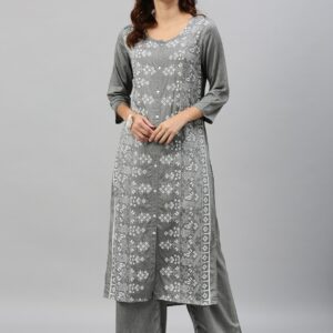 Anouk Women Grey & White Printed Kurta with Pyjamas