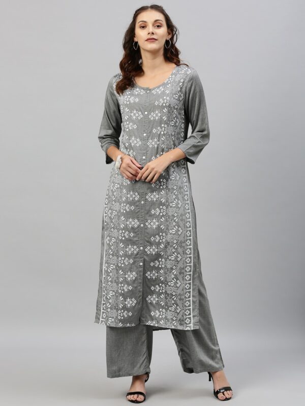 Anouk Women Grey & White Printed Kurta with Pyjamas