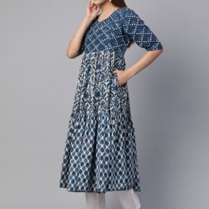 Sangria Women Dyed Tiered Bagru Print A-Line Sustainable Kurta