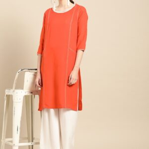 IMARA Women Orange Solid Straight Kurta