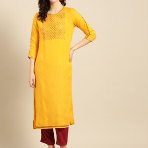 IMARA Women Mustard Yellow Yoke Design Straight Kurta