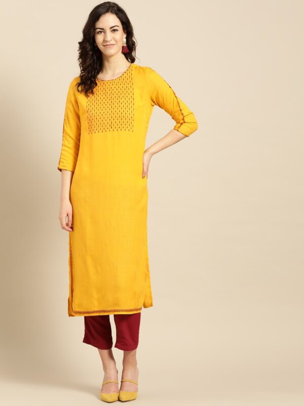 IMARA Women Mustard Yellow Yoke Design Straight Kurta