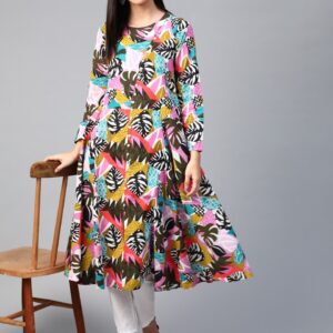 HERE&NOW Women Off-White & Black Printed Straight Kurta