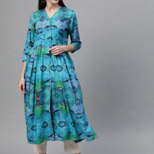 Sangria Women Blue & Green Tropical Print A-Line Kurta