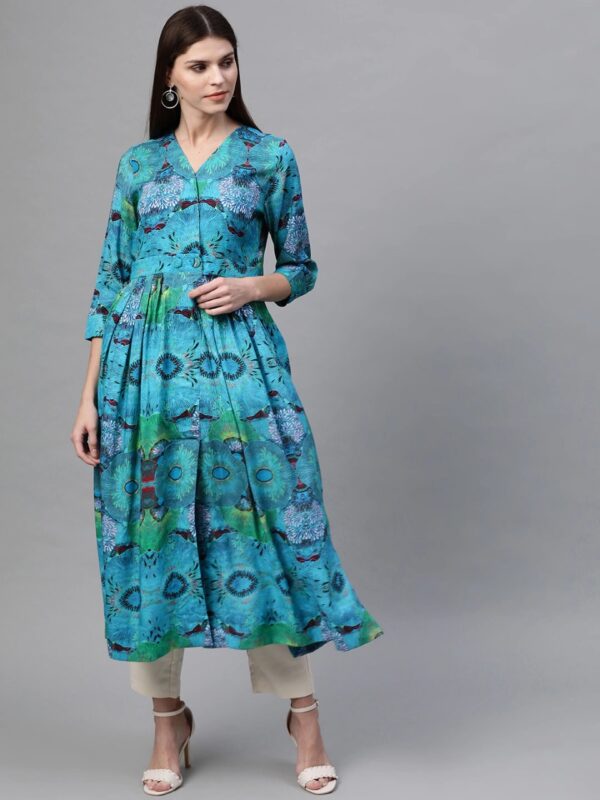 Sangria Women Blue & Green Tropical Print A-Line Kurta