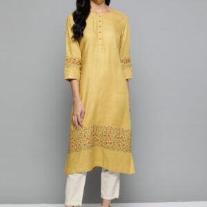 HERE&NOW Women Mustard Yellow Printed Detail Straight Kurta