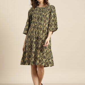 Sangria Women Black & Yellow Printed A-Line Dress