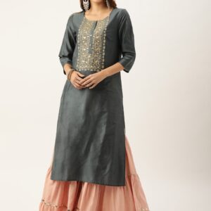 House of Pataudi Women Toned Embroidered Straight Kurta