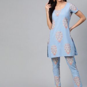 HERE&NOW Women Blue & Pink Printed Kurta with Trousers