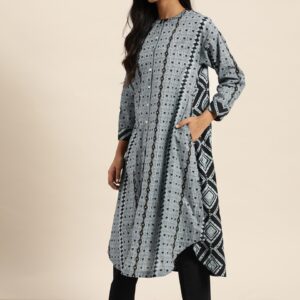 Sangria Women Grey & Black Printed A-Line Kurta