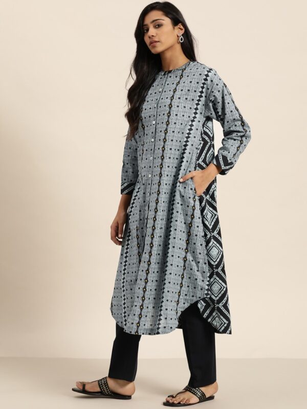 Sangria Women Grey & Black Printed A-Line Kurta