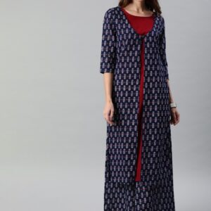 Anouk Women Navy Blue & Red Printed Kurta with Palazzos