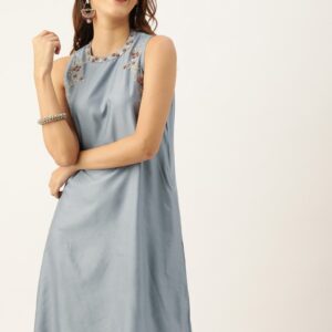 House of Pataudi Women Grey Solid A-Line Dress