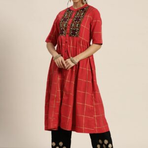 Sangria Women Checked Pure Cotton Thread Work Kurta