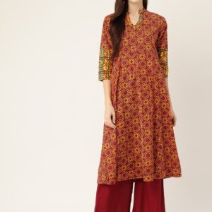 Sangria Women Red & Yellow Printed A-Line Kurta