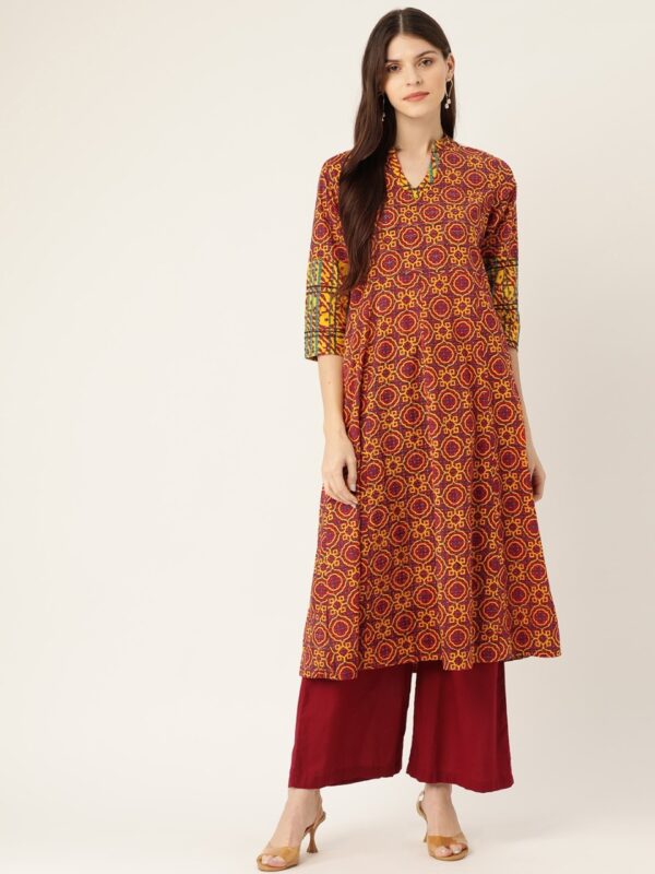 Sangria Women Red & Yellow Printed A-Line Kurta