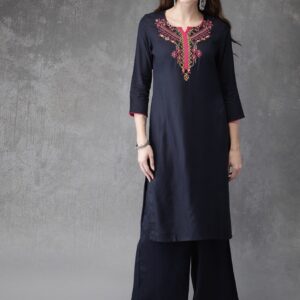 Anouk Women Navy Blue Printed Kurta with Palazzos