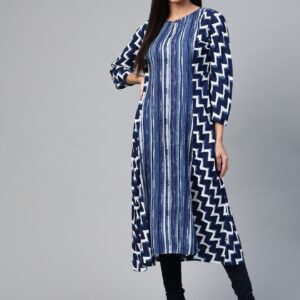 HERE&NOW Women Blue & White Printed A-Line Kurta