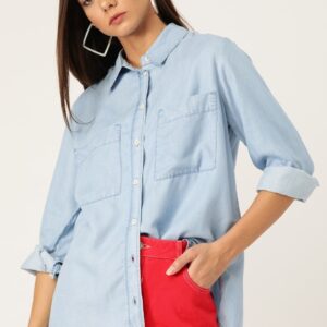 MANGO Women Regular Fit Solid Chambray Casual Shirt