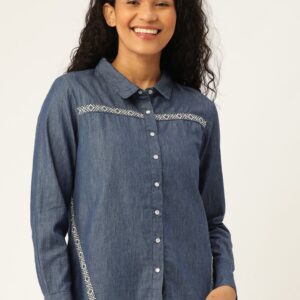 DressBerry Women Blue Regular Fit Solid Chambray Casual Shirt