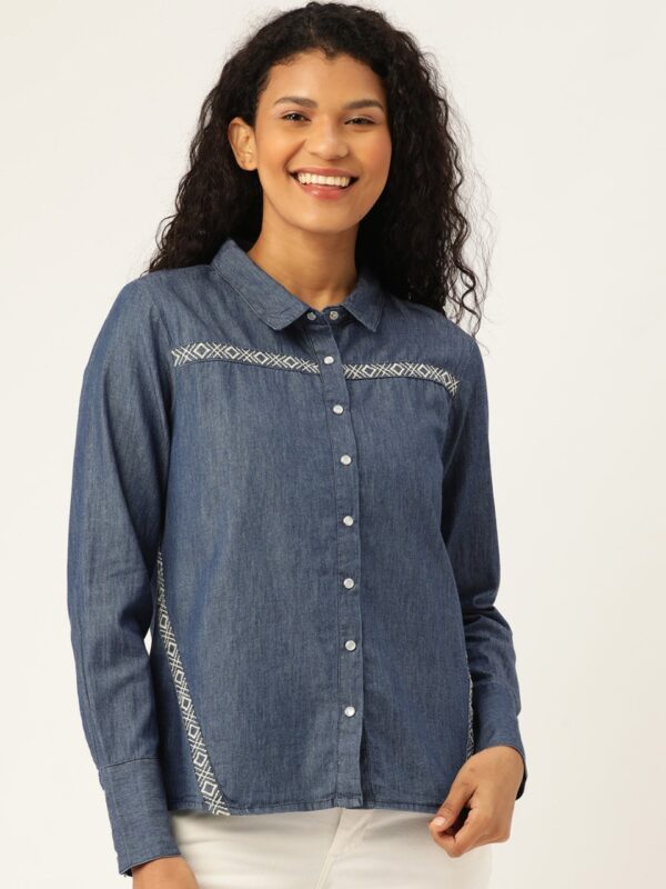 DressBerry Women Blue Regular Fit Solid Chambray Casual Shirt