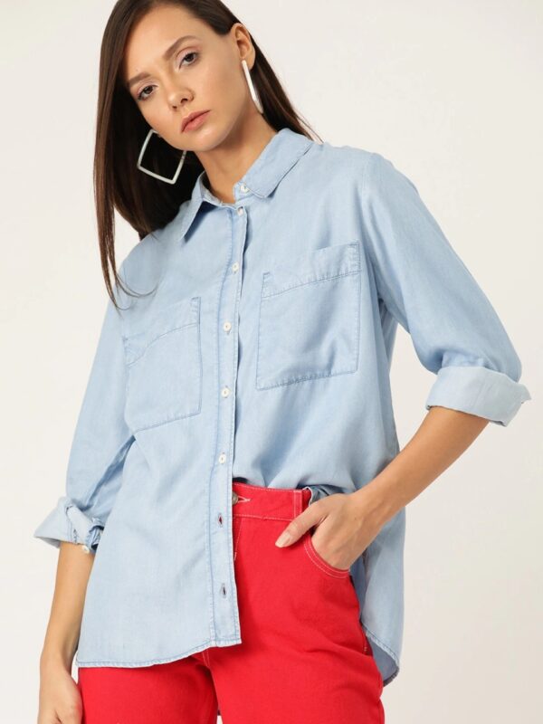 MANGO Women Regular Fit Solid Chambray Casual Shirt