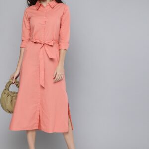 HERE&NOW Women Peach-Coloured Solid Shirt Dress