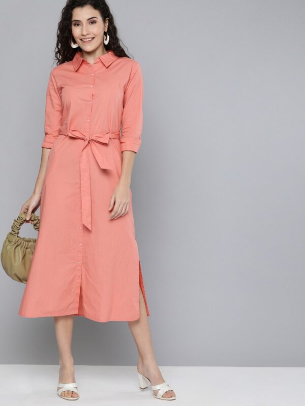 HERE&NOW Women Peach-Coloured Solid Shirt Dress