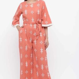 Juniper Womens Cotton Flex Printed Ethnic Jumpsuit With Bell Sleeves And Add-On Belt