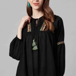 Juniper Embroidered Cotton Moss Round Neck Womens Flared Top