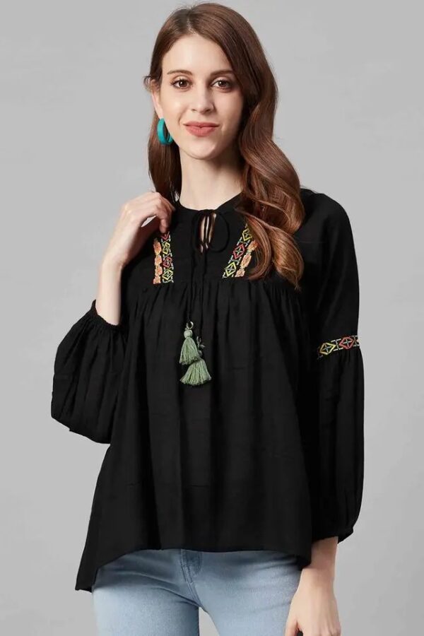 Juniper Embroidered Cotton Moss Round Neck Womens Flared Top