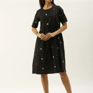 Taavi Women Woven Legacy Checked A-Line Dress with Gathers