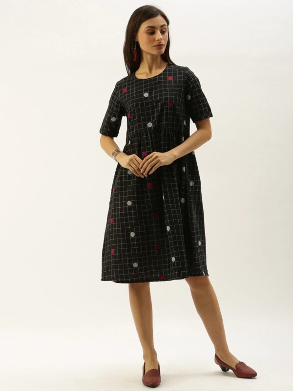 Taavi Women Woven Legacy Checked A-Line Dress with Gathers