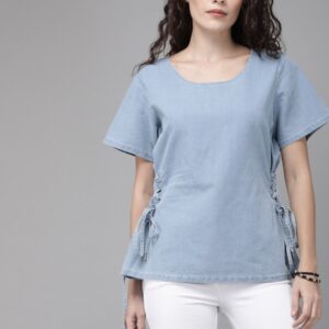 Roadster Women Solid Tie-Up Denim Pure Cotton Top