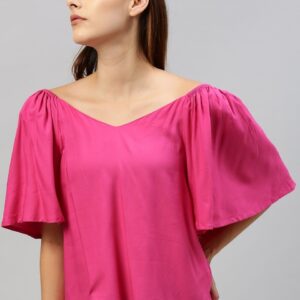 Mast & Harbour Women Solid Bardot Top With Flared Sleeves