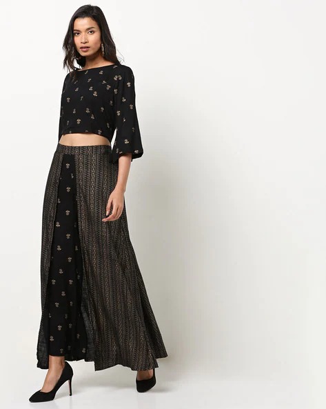 JUNIPER Printed Crop Top with Layered Palazzo Set