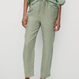 MANGO Women Mint Solid Linen Trousers