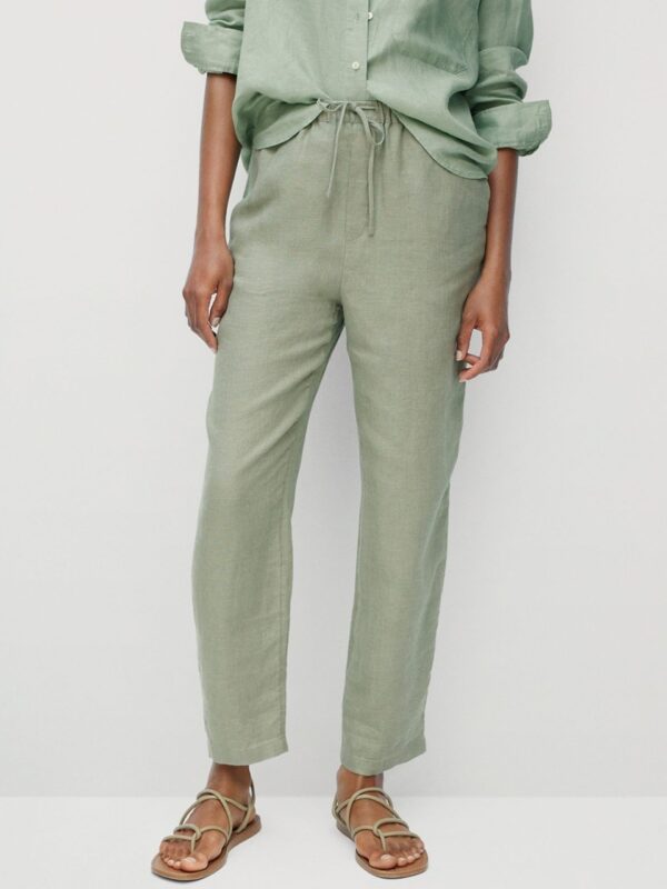 MANGO Women Mint Solid Linen Trousers