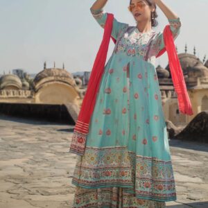 Juniper Cambric Printed Anarkali Kurta with Dupatta