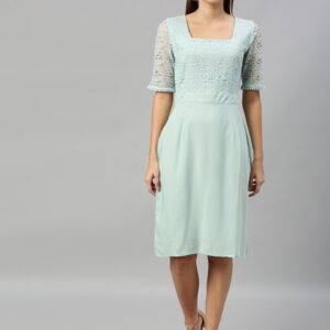 HERE&NOW Women Solid A-Line Dress With Lace Inserts